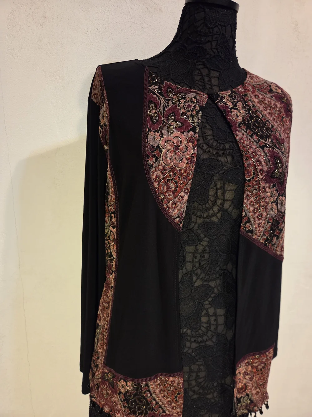 MSK Black Jacket with Burgundy and Pink Floral Panels